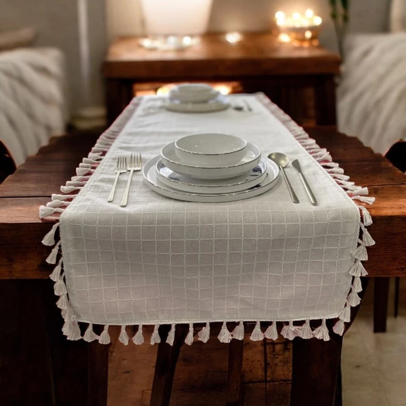 Natural, %100 Organik Pamuklu, Kenar Püsküllü, Naturel Keten Runner - 2