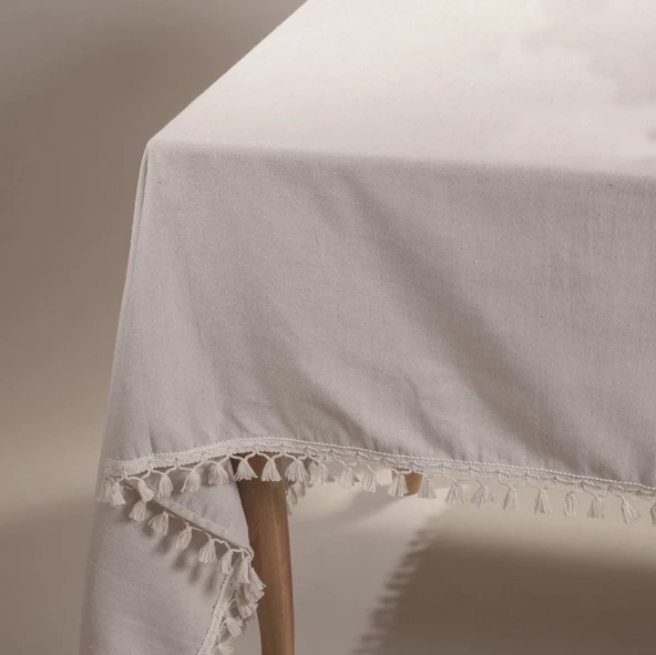 Naturel Özel Sınıf Keten, Organik, %100 Pamuklu, Pamuk Püsküllü Masa Örtüsü - 3