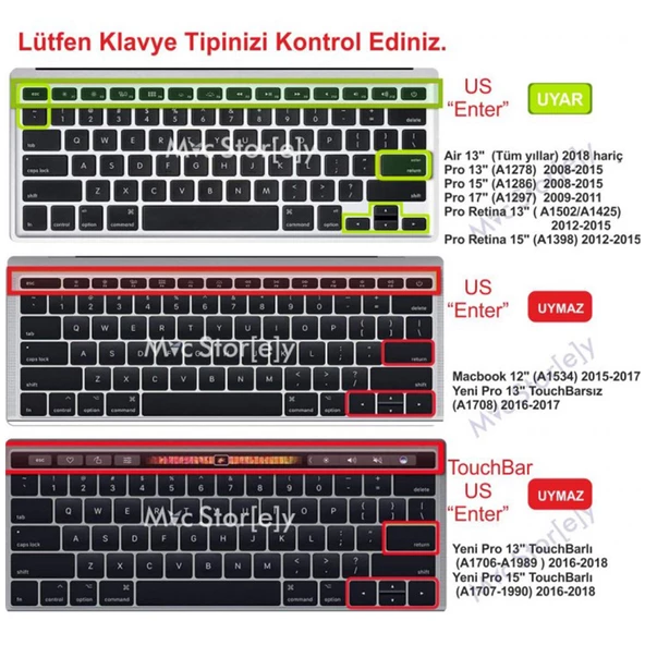Macbook Klavye Air Pro Koruyucu (US to TR) (Eski USB'li Model 2008-2017) ile Uyumlu - 2