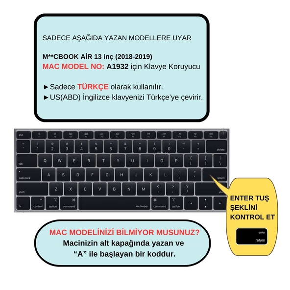 McStorey MacBook Air 13 A1932 Türkçe Q çeviri klavye koruyucu US klavyeyi Türkçeye çevirir ince silikon - 2