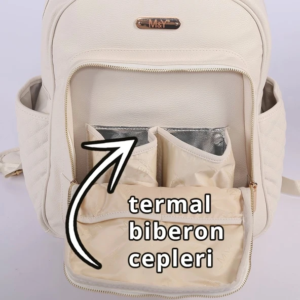M&Y Dust Deri Anne Bebek Bakım Sırt Çantası 7130 Krem - 3