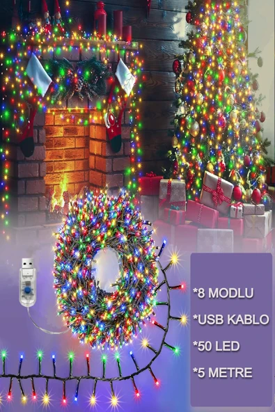 LED Işık Zinciri – USB Kablolu, 8 Modlu Renkli Yılbaşı Oda Balkon Dekorasyon 5 Metre LED Işık