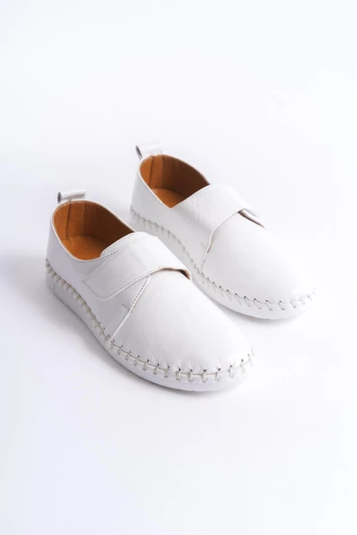 Kadın Hakiki Deri Cırtlı Dikiş Detaylı Yuvarlak Burun Günlük Düz Taban Ayakkabı - Resim 8