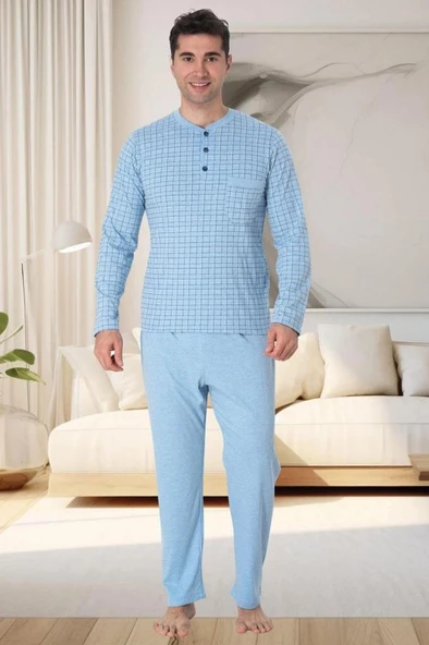 Mecit 22759 Erkek Mavi Şardonlu Kışlık Büyük Beden Pijama Takımı - 2