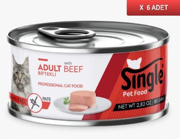 Single Pate Biftekli Tahılsız Yetişkin Kedi Konservesi 80 gr (6 ADET)