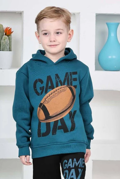 Erkek Çocuk Üzerinde Top ve Game Day Yazı Baskılı Sweatshirt 3 İplik Lacivert Eşofman Takım - 3
