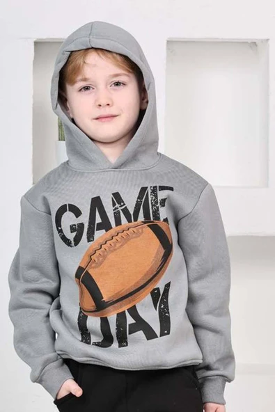 Erkek Çocuk Üzerinde Top ve Game Day Yazı Baskılı Sweatshirt 3 İplik Gri Eşofman Takım - 3