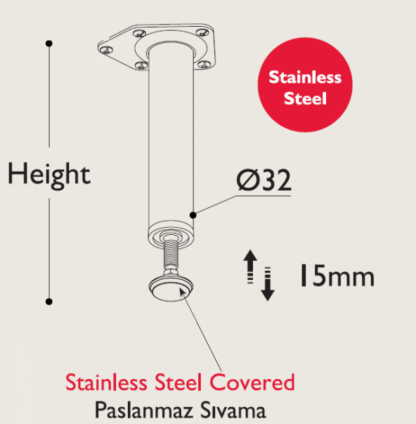 PASLANMAZ MOBİLYA DOLAP AYAĞI 10CM 15.174 - 2