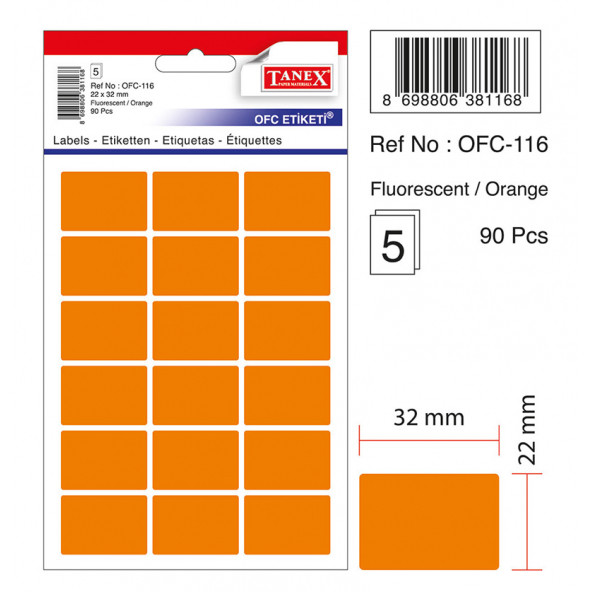 Tanex Fluorescent / ORANGE Ofis Etiketi 22mmX32mm 5.yaprak (90 Etiket)