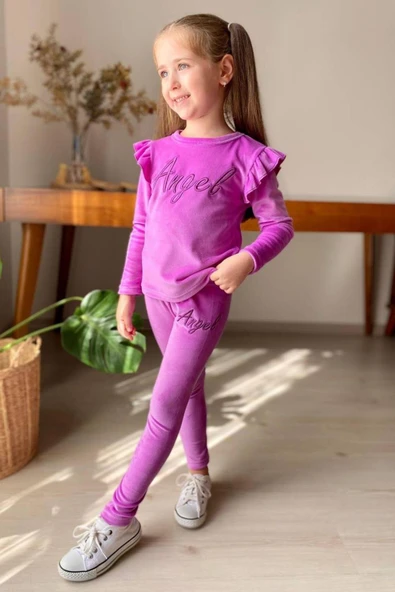 Kız Çocuk Omuzlarında Fırfır Detayı Angel Yazı İşlemeli Kadife Mor Taytlı Takım ürün görseli