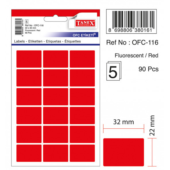 Tanex Fluorescent / RED Ofis Etiketi 22mmX32mm 5.yaprak (90 Etiket)