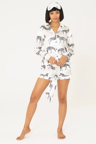 7'li Zebra Desenli Beyaz Saten Pijama Takımı - Resim 5