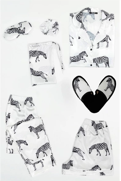 7'li Zebra Desenli Beyaz Saten Pijama Takımı