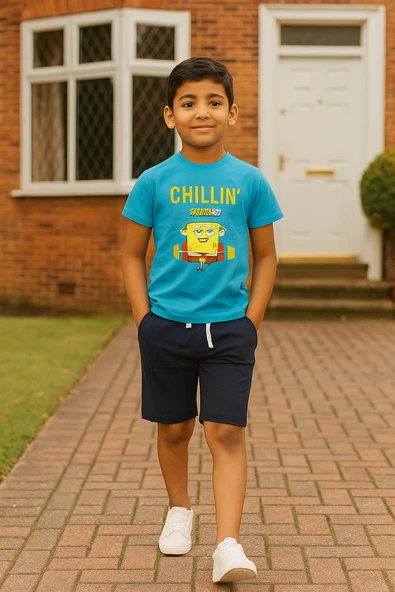 4'lü Sünger Bob Baskı Lacivert Tshirt Şort Pantolon Takım - Resim 2