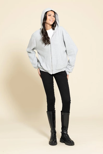 Oversize Fermuarlı Cepli Gri Sweatshirt - 4
