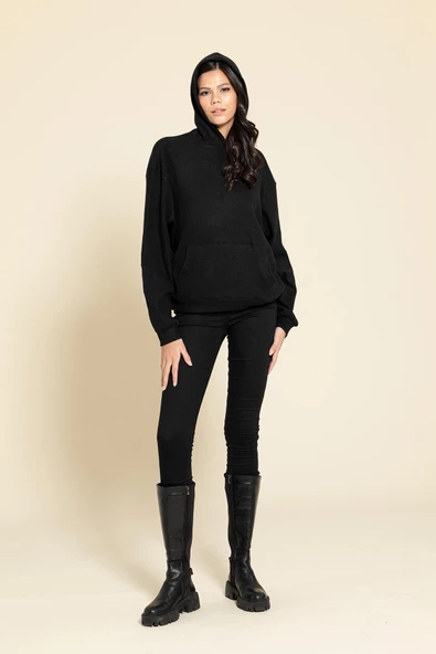 Oversize Kanguru Cepli Siyah Sweatshirt - 5