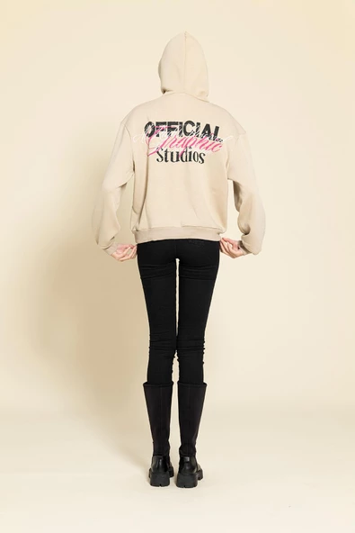 Oversize Kapişonlu Baskılı Taş Sweatshirt - 5