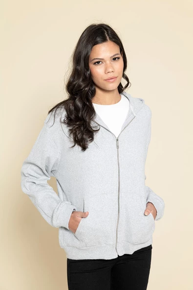 Oversize Fermuarlı Cepli Gri Sweatshirt