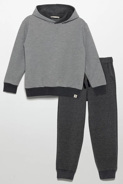 Çizgili Kapişonlu Jogger Koyu Gri Alt Üst Takım
