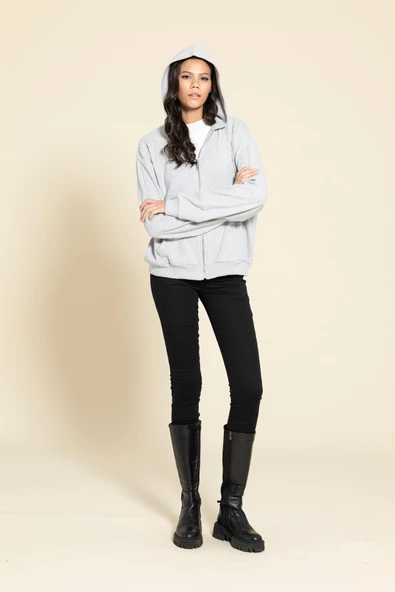 Oversize Fermuarlı Cepli Gri Sweatshirt - 5