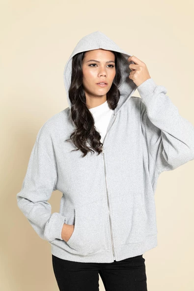 Oversize Fermuarlı Cepli Gri Sweatshirt - 3