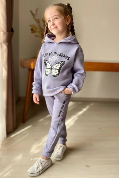 Kız Çocuk Bilekleri ve Paçası Lastikli Kelebek ve Yazı Figürlü Lila Eşofman Takım ürün görseli