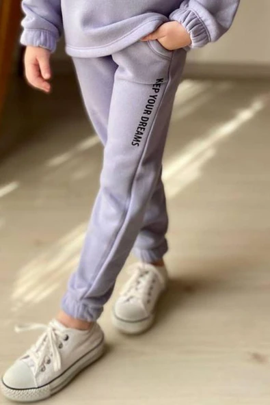 Kız Çocuk Bilekleri ve Paçası Lastikli Kelebek ve Yazı Figürlü Lila Eşofman Takım - Resim 3