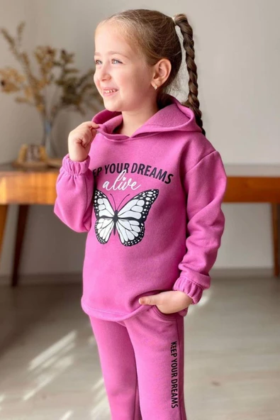 Kız Çocuk Bilekleri ve Paçası Lastikli Kelebek ve Yazı Figürlü Fuşya Eşofman Takım ürün görseli