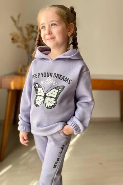 Kız Çocuk Bilekleri ve Paçası Lastikli Kelebek ve Yazı Figürlü Lila Eşofman Takım - Resim 2