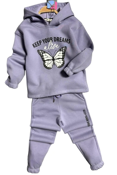 Kız Çocuk Bilekleri ve Paçası Lastikli Kelebek ve Yazı Figürlü Lila Eşofman Takım - Resim 4