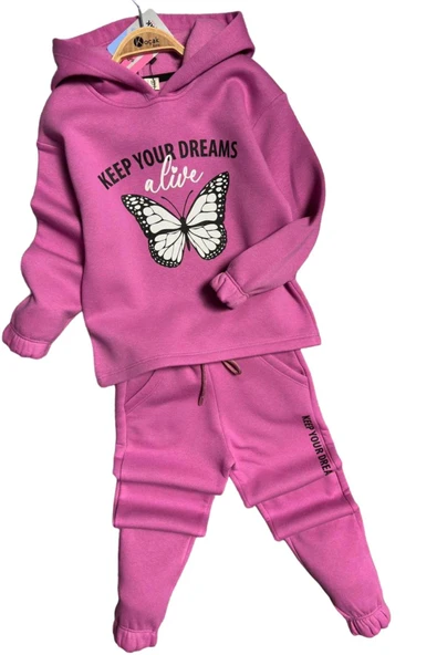 Kız Çocuk Bilekleri ve Paçası Lastikli Kelebek ve Yazı Figürlü Fuşya Eşofman Takım - Resim 3