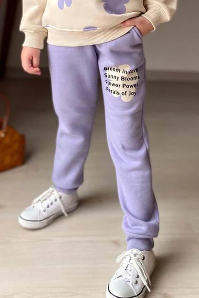 Kız Çocuk Pano Çiçek Baskı Bisiklet Yaka Kazak Lila Eşofman Takım - 4