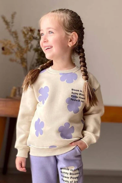 Kız Çocuk Pano Çiçek Baskı Bisiklet Yaka Kazak Lila Eşofman Takım - 3