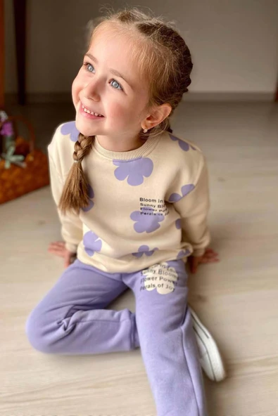 Kız Çocuk Pano Çiçek Baskı Bisiklet Yaka Kazak Lila Eşofman Takım - 2