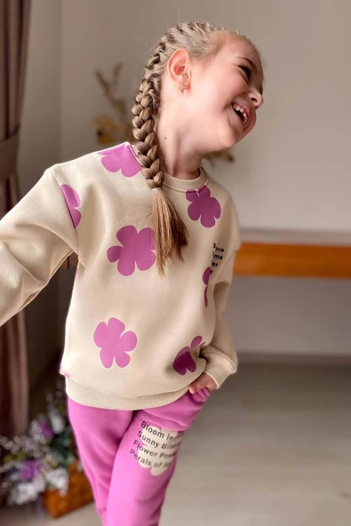 Kız Çocuk Pano Çiçek Baskı Bisiklet Yaka Kazak Pembe Eşofman Takım - 3