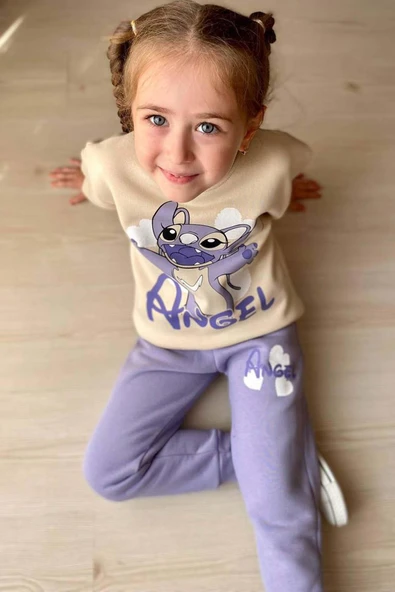 Kız Çocuk Stitch Karakter ve Angel Yazı Baskılı Lila Eşofman Takım ürün görseli