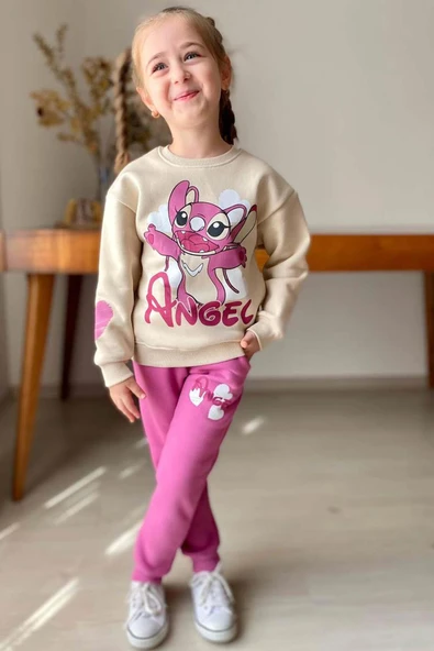 Kız Çocuk Stitch Karakter ve Angel Yazı Baskılı Pembe Eşofman Takım ürün görseli