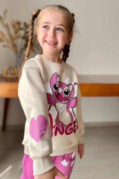 Kız Çocuk Stitch Karakter ve Angel Yazı Baskılı Pembe Eşofman Takım - Resim 2