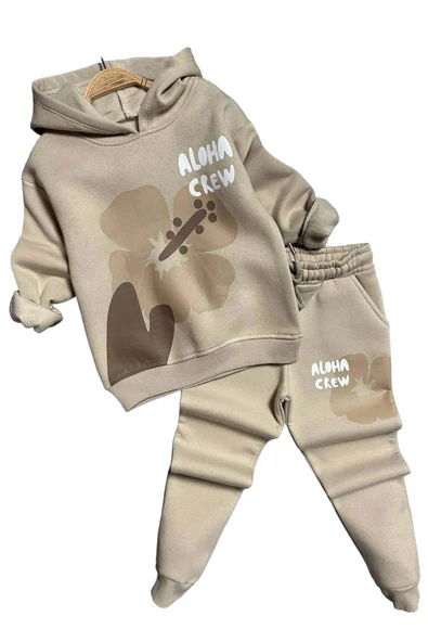 Kız Çocuk Aloha Crew Digital Baskı Kapüşonlu Bej Eşofman Takım ürün görseli