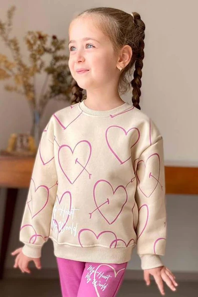 Kız Çocuk My Heart Kalp Baskılı Kazak Fuşya Alt Eşofman Takım - 2
