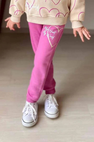 Kız Çocuk My Heart Kalp Baskılı Kazak Fuşya Alt Eşofman Takım - 3