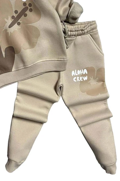 Kız Çocuk Aloha Crew Digital Baskı Kapüşonlu Bej Eşofman Takım - Resim 3