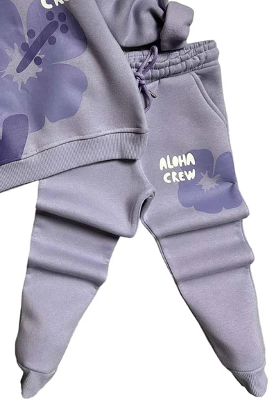 Kız Çocuk Aloha Crew Digital Baskı Kapüşonlu Lila Eşofman Takım - Resim 3