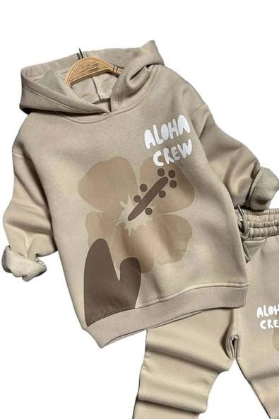 Kız Çocuk Aloha Crew Digital Baskı Kapüşonlu Bej Eşofman Takım - Resim 2