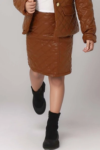 Kız Çocuk Boğazlı Kazak Kapitone Detaylı Ceket Deri Kahverengi Etekli Takım - 4