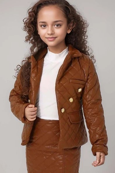 Kız Çocuk Boğazlı Kazak Kapitone Detaylı Ceket Deri Kahverengi Etekli Takım - 3