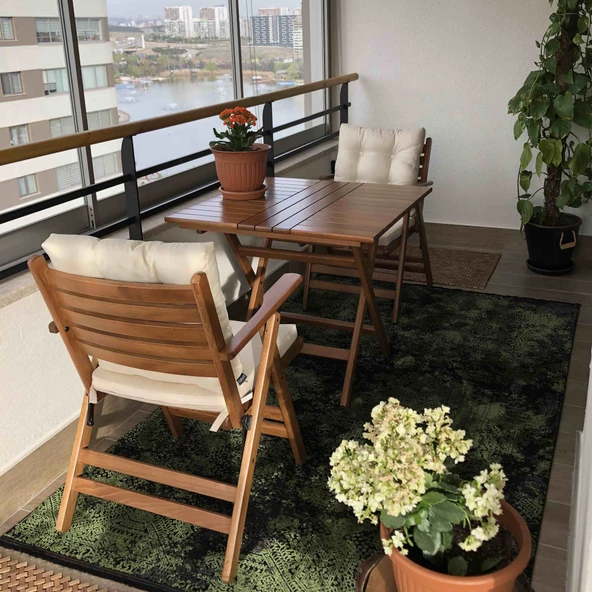 Antalya Katlanır Ahşap Bahçe Balkon Seti: 80x80 Masa + 2 D.Minderli Sandalye - 4