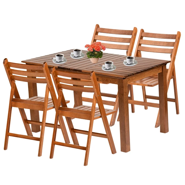 Albatros Ahşap Bahçe Balkon Seti: 80x140 Sabit Masa + 4 Katlanır Sandalye