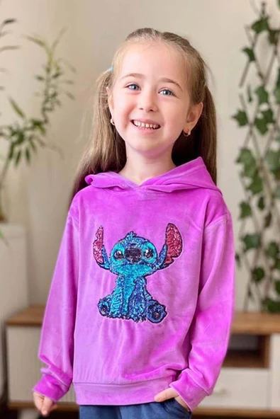 Kız Çocuk Stitch Karakter Baskılı Pullu Sweatshirt Mor Kadife Eşofman Takım - Resim 3