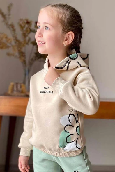 Kız Çocuk Stay Wonderful Çiçek Desenli İçi Pamuklu Yeşil Eşofman Takım - Resim 3